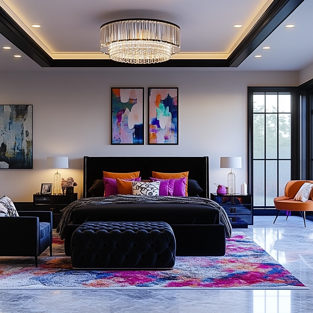 modern farmhouse bedroom master suite with black furniture 34