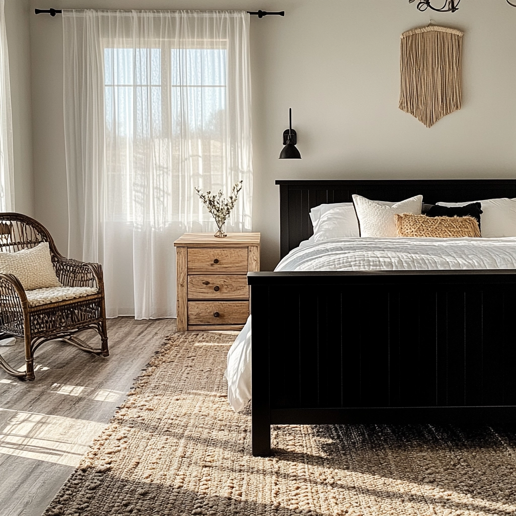 modern farmhouse bedroom master suite with black furniture 4