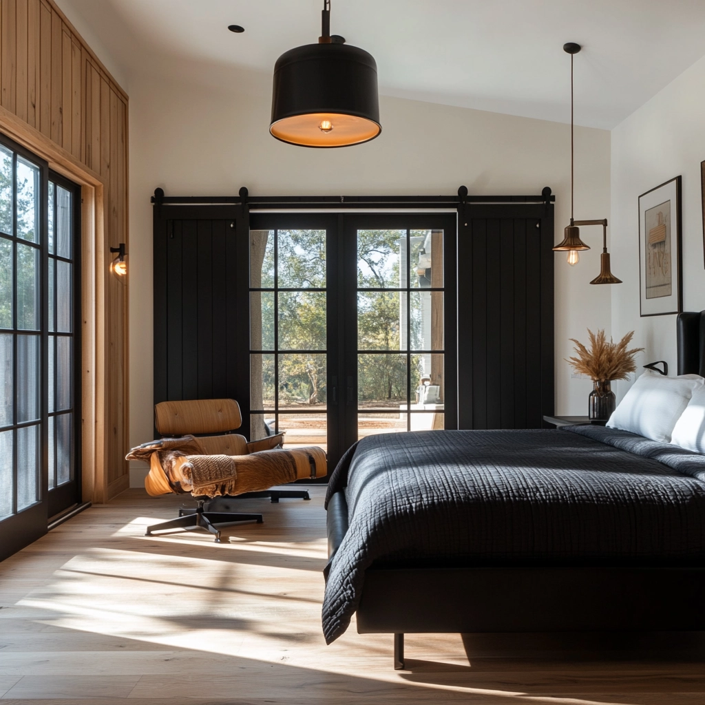 modern farmhouse bedroom master suite with black furniture 43