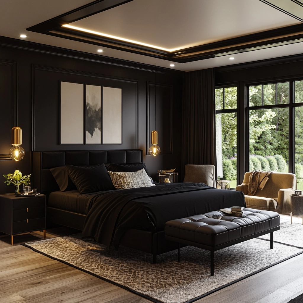 modern farmhouse bedroom master suite with black furniture 44
