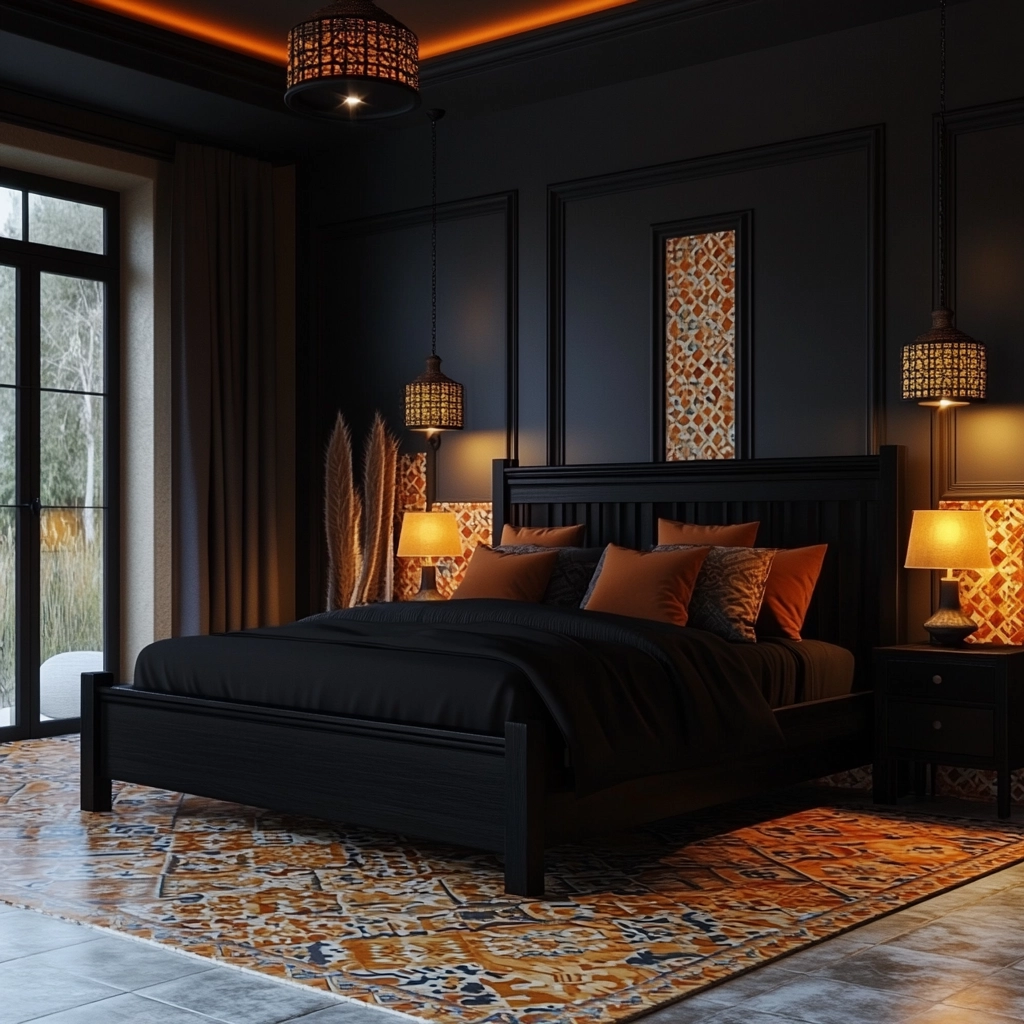 modern farmhouse bedroom master suite with black furniture 45