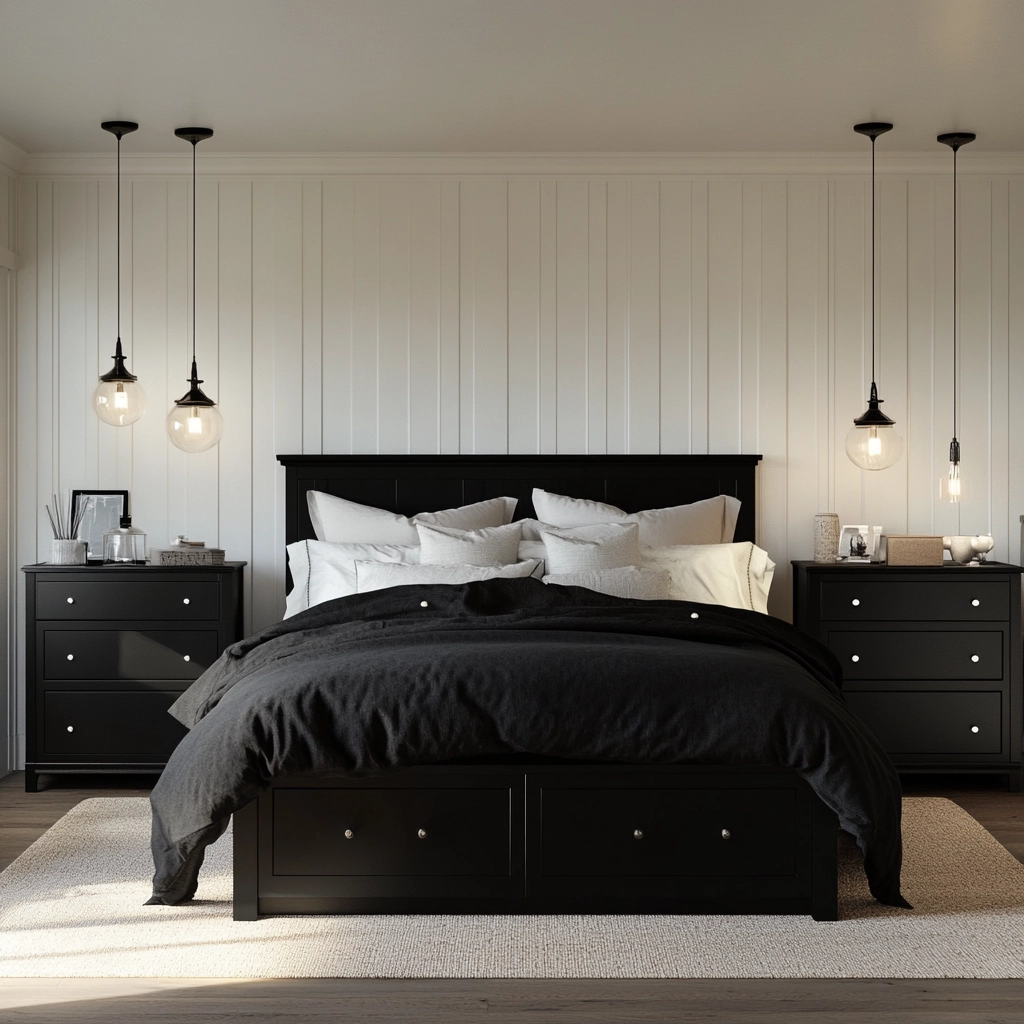 modern farmhouse bedroom master suite with black furniture 5