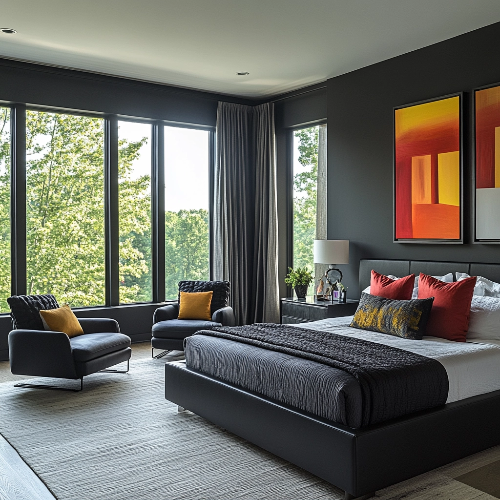 modern farmhouse bedroom master suite with black furniture 51