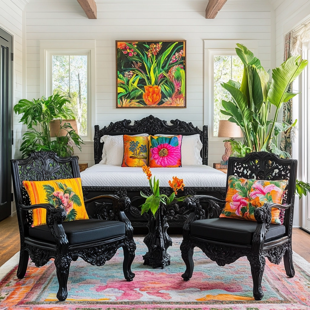 modern farmhouse bedroom master suite with black furniture 59