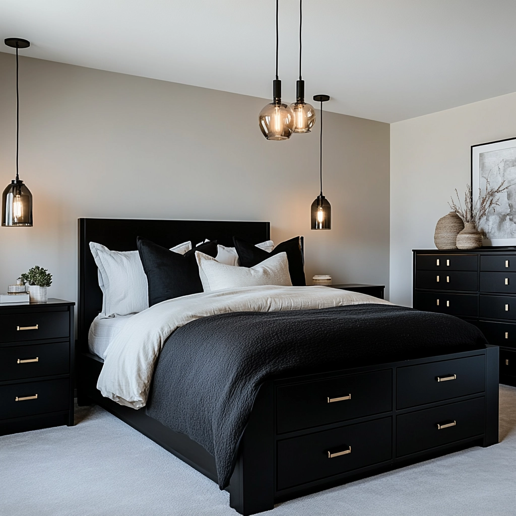 modern farmhouse bedroom master suite with black furniture 6