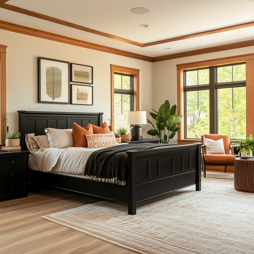 modern farmhouse bedroom master suite with black furniture 61