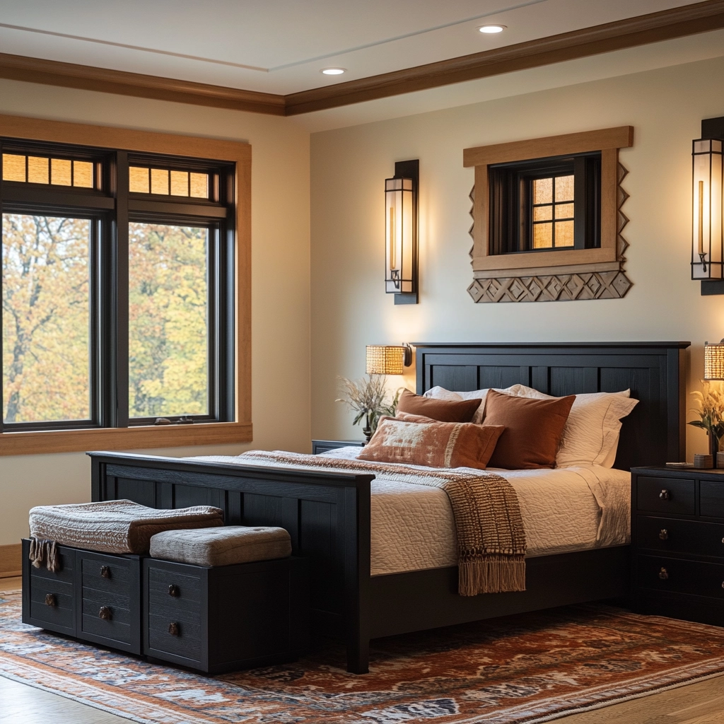 modern farmhouse bedroom master suite with black furniture 63