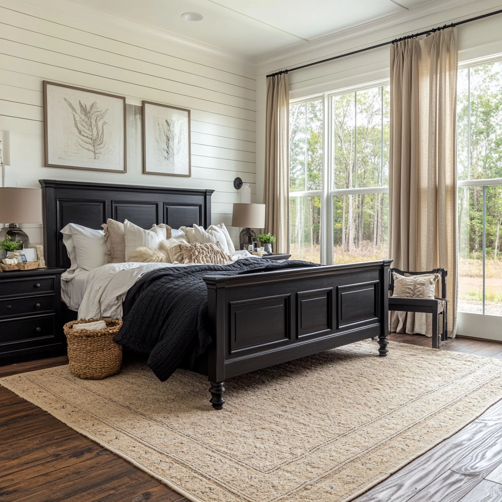 modern farmhouse bedroom master suite with black furniture 67