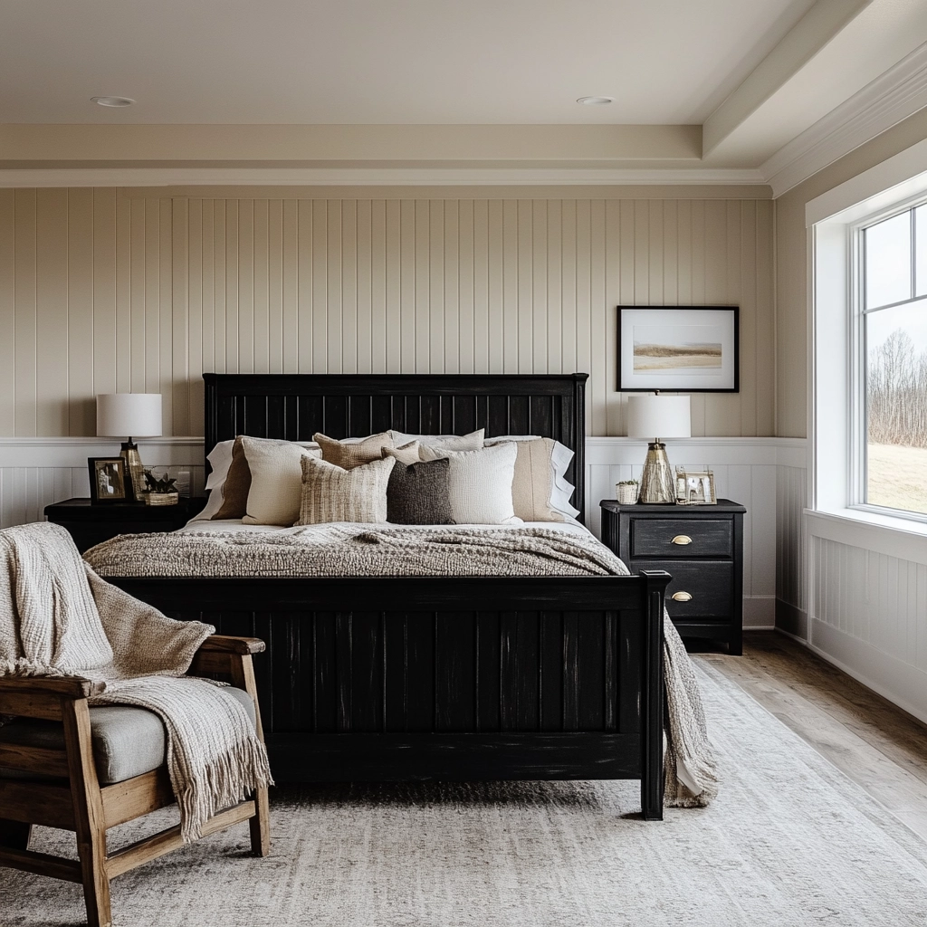 modern farmhouse bedroom master suite with black furniture 68
