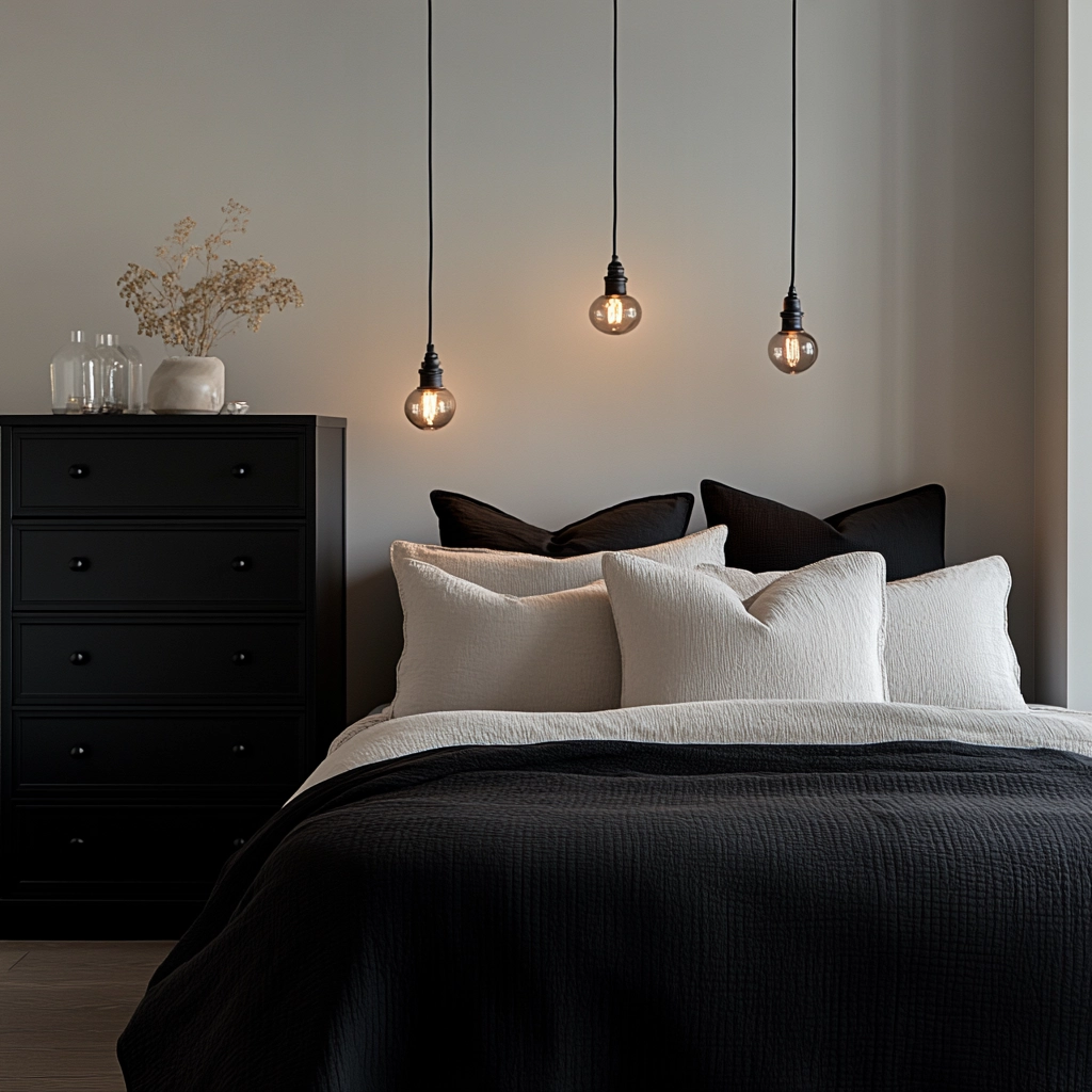 modern farmhouse bedroom master suite with black furniture 7