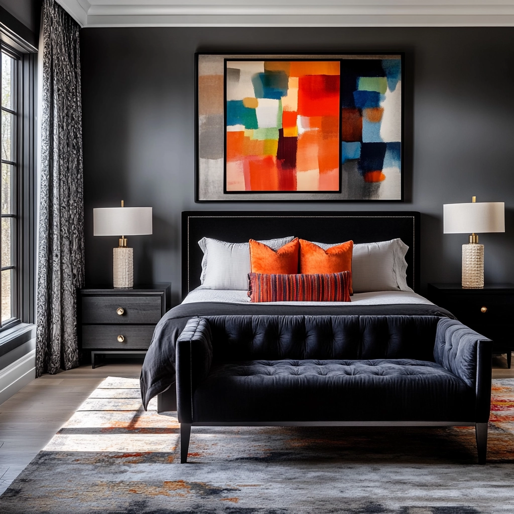 modern farmhouse bedroom master suite with black furniture 73