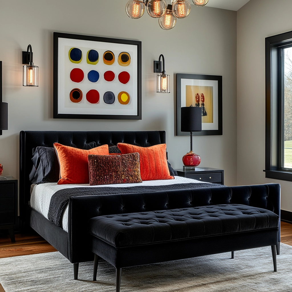 modern farmhouse bedroom master suite with black furniture 74