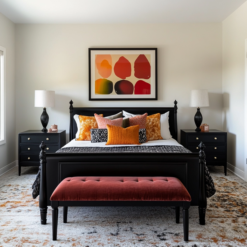 modern farmhouse bedroom master suite with black furniture 76
