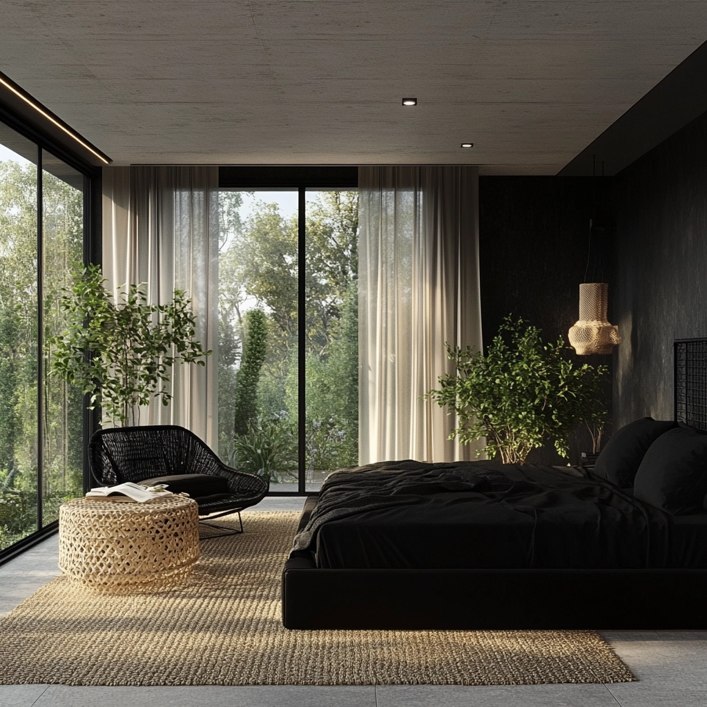modern farmhouse bedroom master suite with black furniture 79