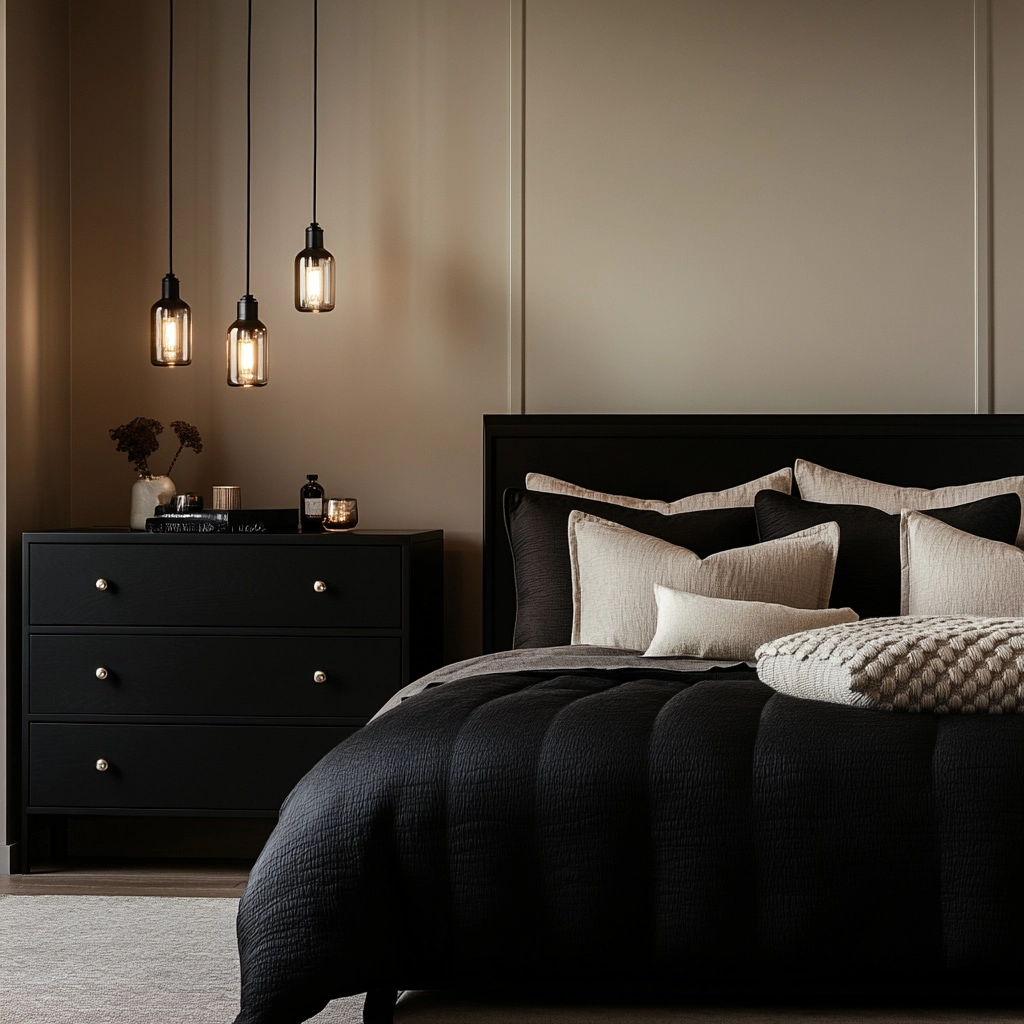 modern farmhouse bedroom master suite with black furniture 8