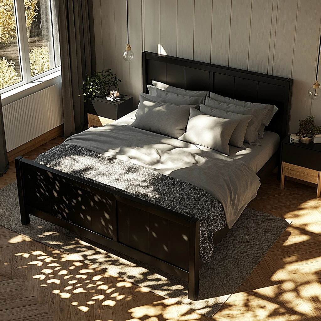 modern farmhouse bedroom master suite with black furniture 9